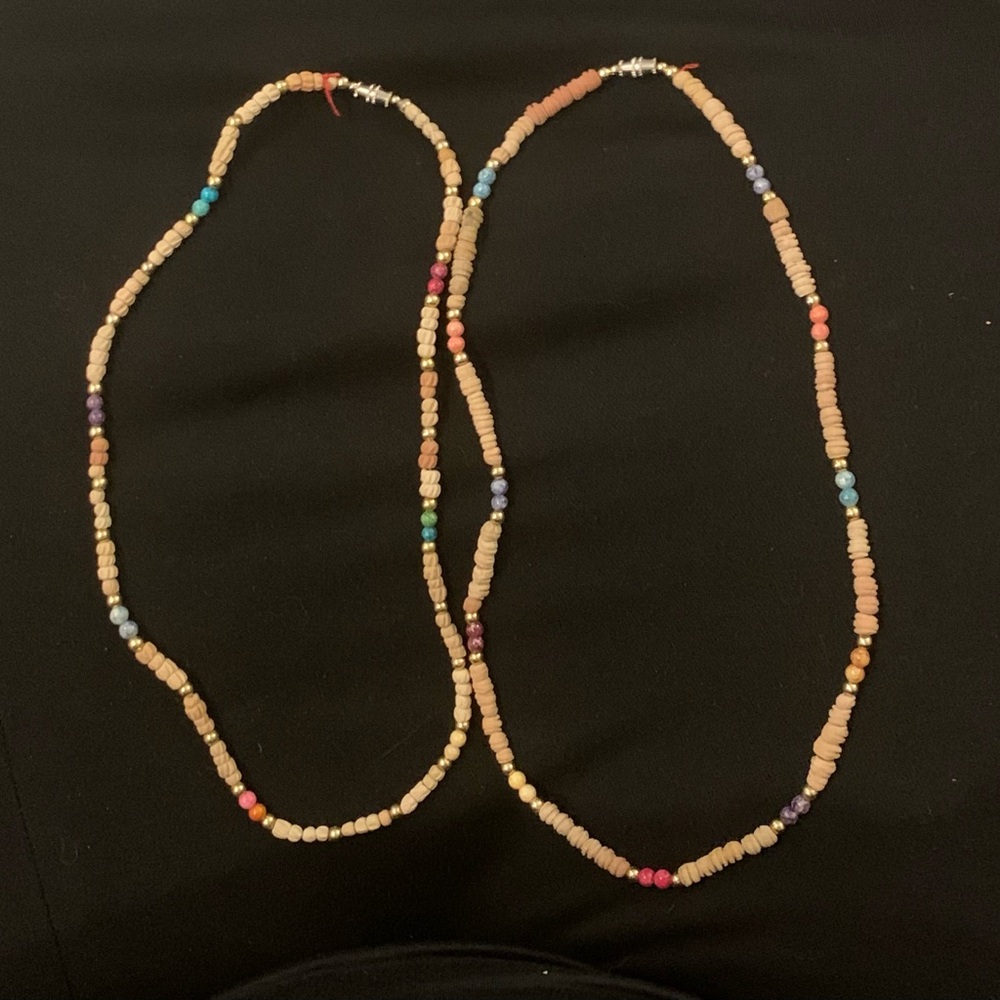 Handmade Beige Carved Wooden Bead Necklaces with Multicolor Accents
